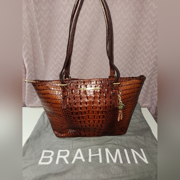 Brahmin Brown Crocodile Embossed Women's Medium Tote Bag - Picture 1 of 11